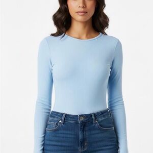 Light Blue Bodysuit Thong Long Sleeve Top